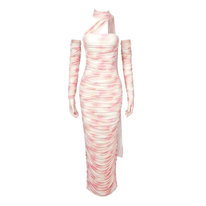 VC robe élégante pour femmes ruban drapé avec manches longues gants robe de soirée robe de vacances 