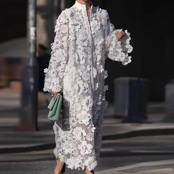 Robe élégante en polyester avec broderie et col en V pour femmes, idéale pour les soirées, les vacances et les occasions spéciales