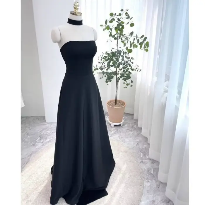 Robe de soirée noire classique, Sexy, sans bretelles, en Satin, élégante, longueur au sol, ligne a, 
