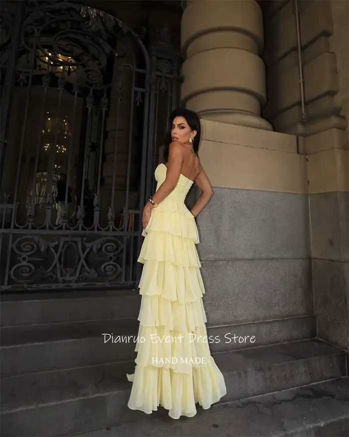Dianruo jaune haute fente robe de soirée en mousseline de soie à volants longue
