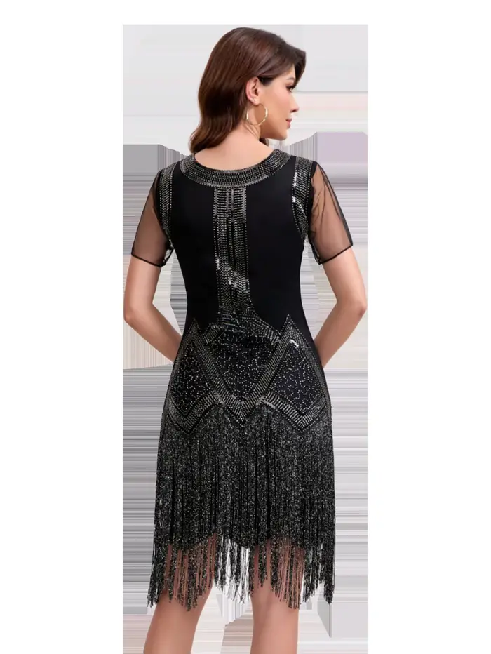 Robe en polyester années 1920 style American Retro avec détails pompons et motifs géométriques pour femmes occasions spéciales