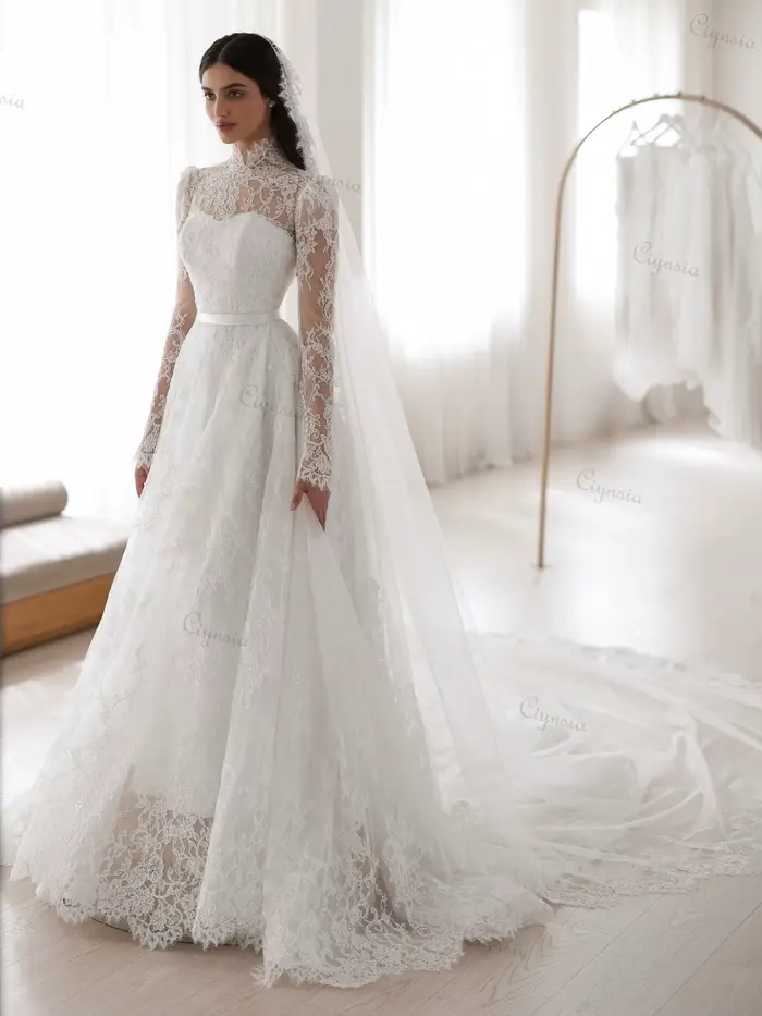 Robe de mariée Ciynsia en dentelle avec train de balayage, coupe trapèze, col montant, manches longues pour mariage et événements spéciaux