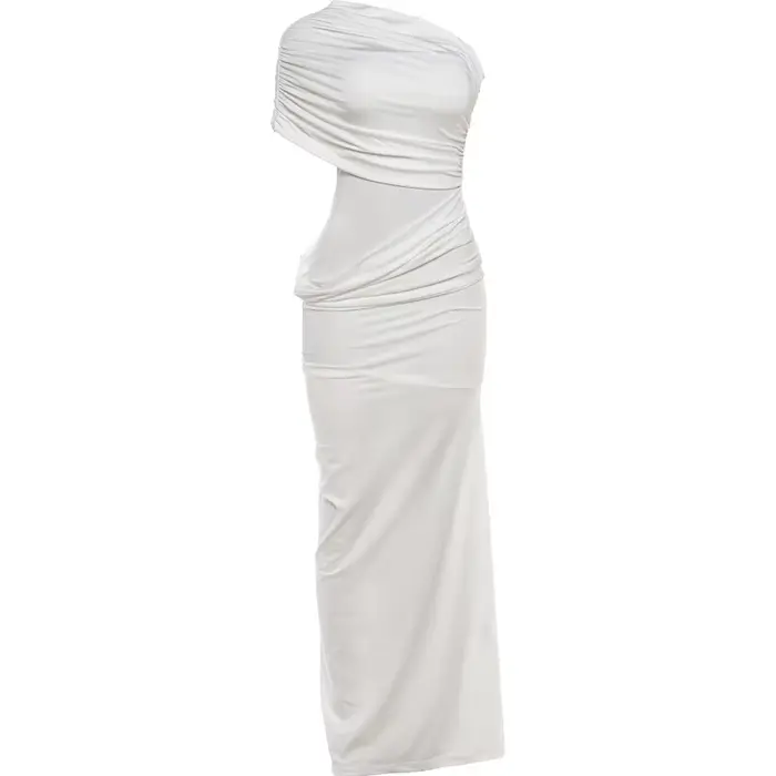 Robe longue sexy Kliou pour femme, épaules dénudées, col asymétrique, dos nu, taille haute, froncée,