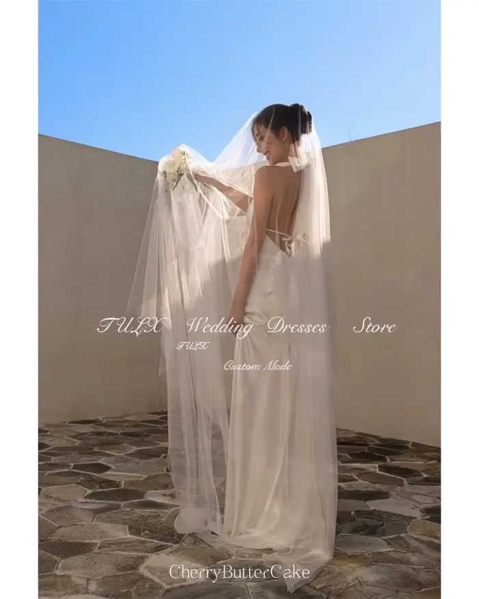 TULX Robe de mariée élégante en satin ivoire dos nu Corée séance photo Halter sans manches sirène longues robes