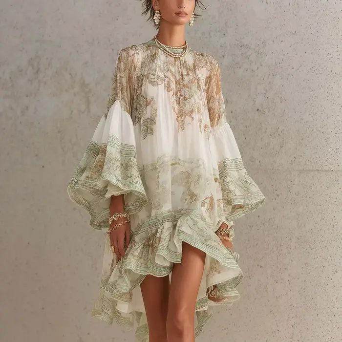 Robe midi ample à manches longues pour femmes imprimé floral tendance 2026 avec volants élégantes pour occasions spéciales été style décontracté