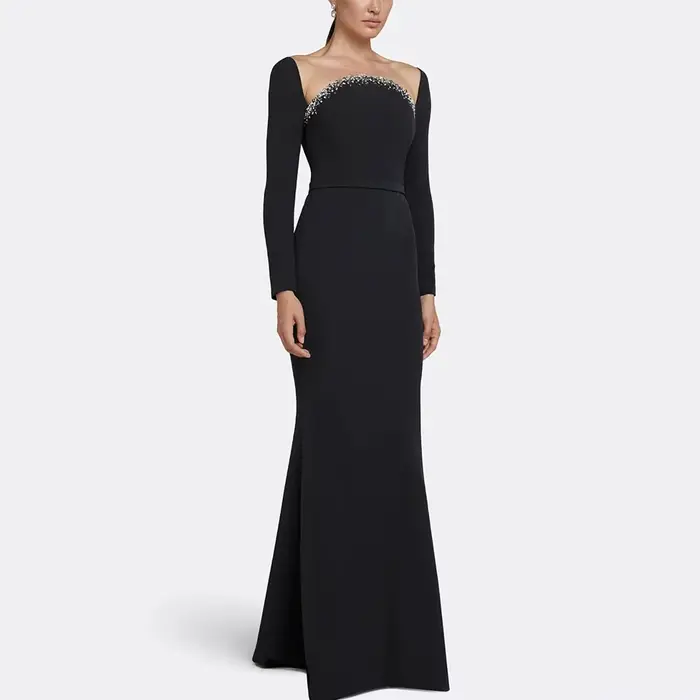 Robes de soirée modestes pour femmes, style sirène/trompette, en jersey noir, robe de bal sans bretelles avec ceinture en strass, robe de gala longue 2026