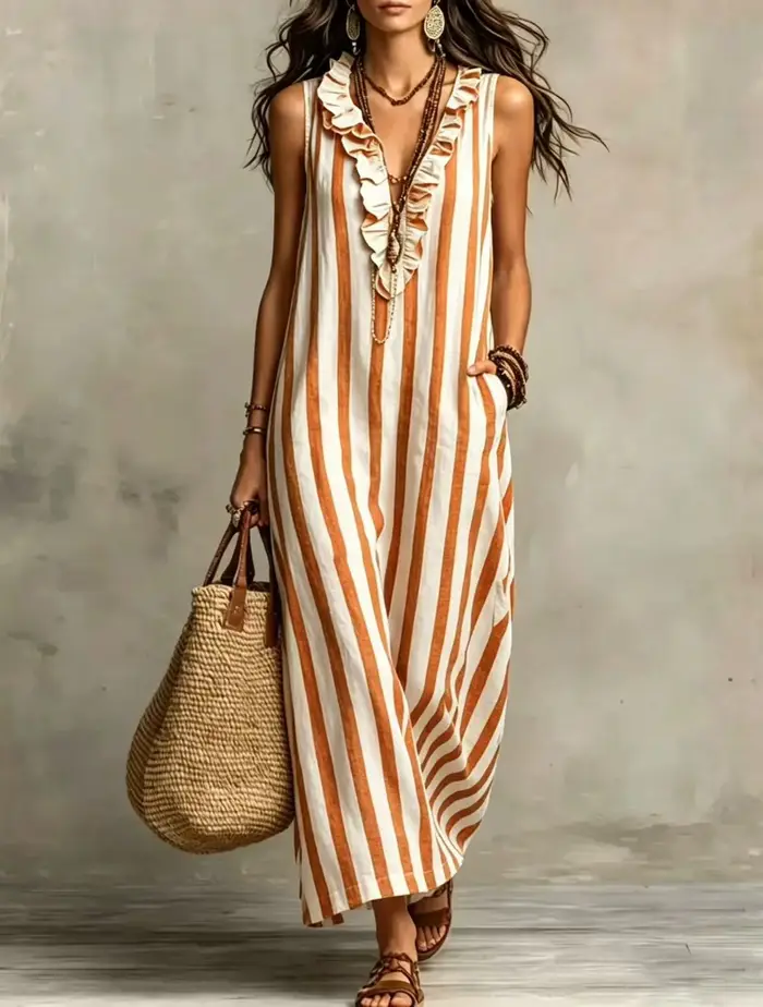 Robe maxi en lin à rayures bohèmes, col en V, robe longue décontractée d'été