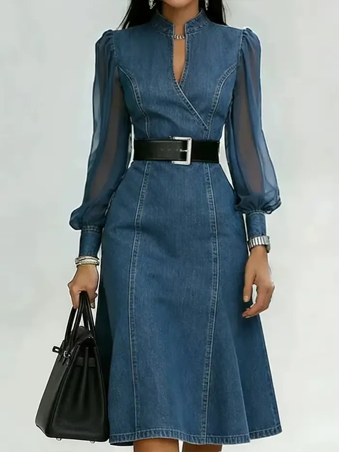 Robe longue en jean streetwear pour femme, coupe trapèze, avec manches longues bouffantes en tulle, 