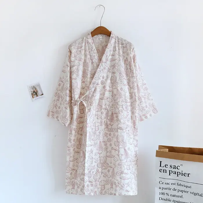 Robe Kimono Japonaise Imprimée Forêt de Champignons 100% Coton Femmes Taille M L Occasions Spéciales Printemps Été