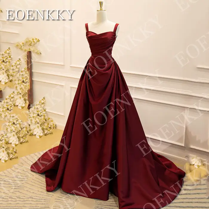 Robe de soirée EOENKKY élégante en satin pour femmes, longue bordeaux col en V, train de balayage, bal de promo, mariage, soirée spéciale
