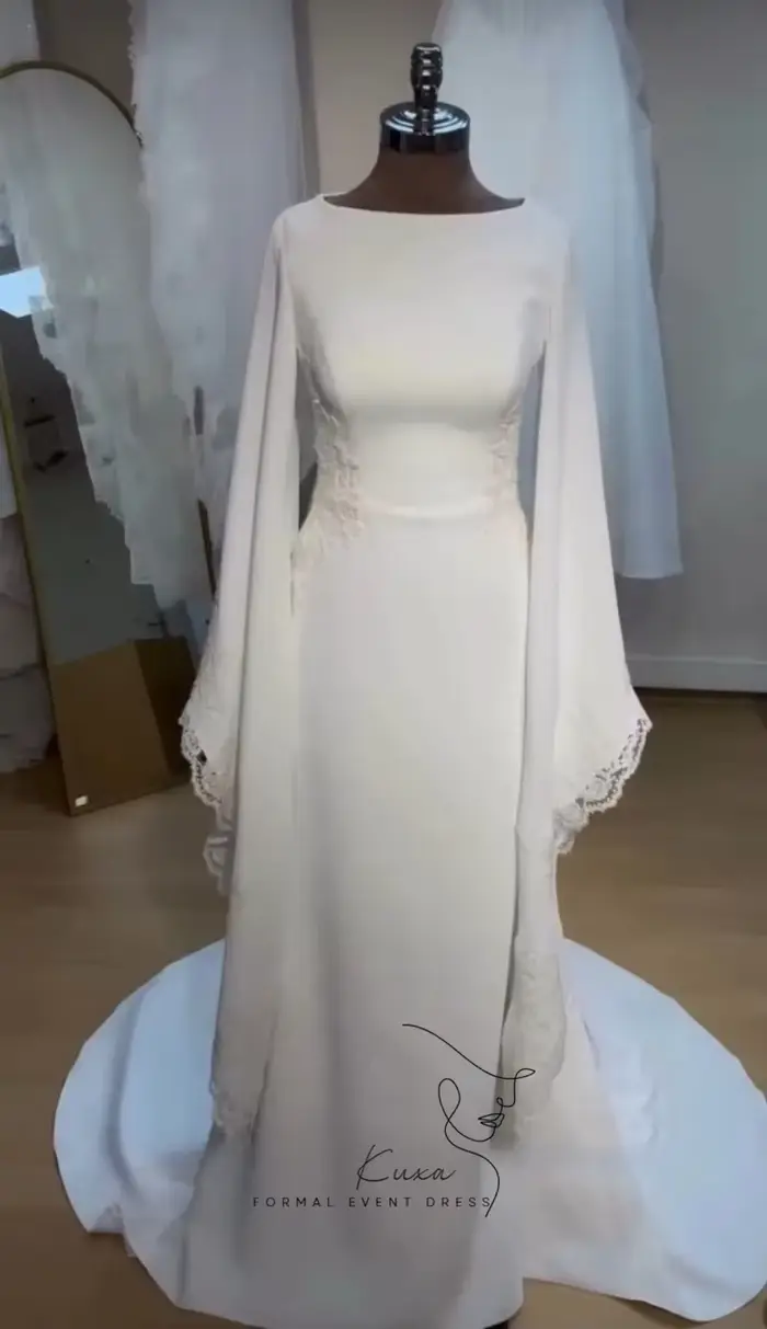 Robe de mariée KUXA en dentelle avec train de cour, silhouette une ligne, col rond, manches longues, soutien-gorge intégré, polyester et coton, pour femmes enceintes et cérémonies traditionnelles musulmanes