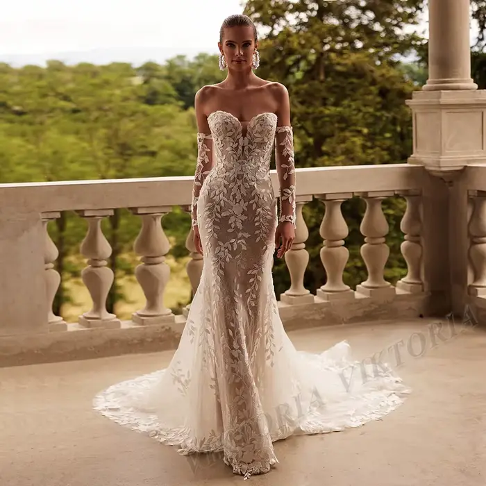 VIKTORIA-Robe de Mariée en Forme de Trompent pour Femme, Tenue Personnalisée en Dentelle et Tulle
