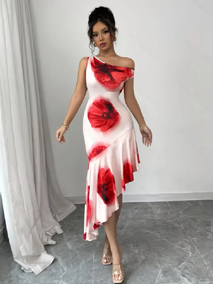Robe décontractée à fleurs pour femmes junior, polyester, asymétrique, sans manches, mi-mollet, été, occasions spéciales