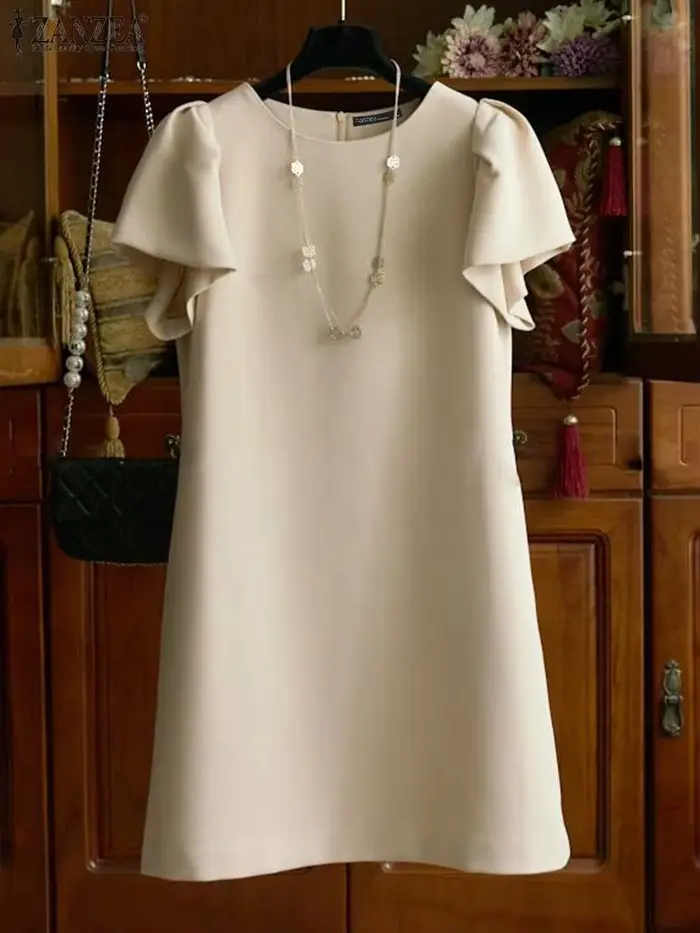 ZANZEA femmes Vintage Robe unie mode manches à volants Mini
