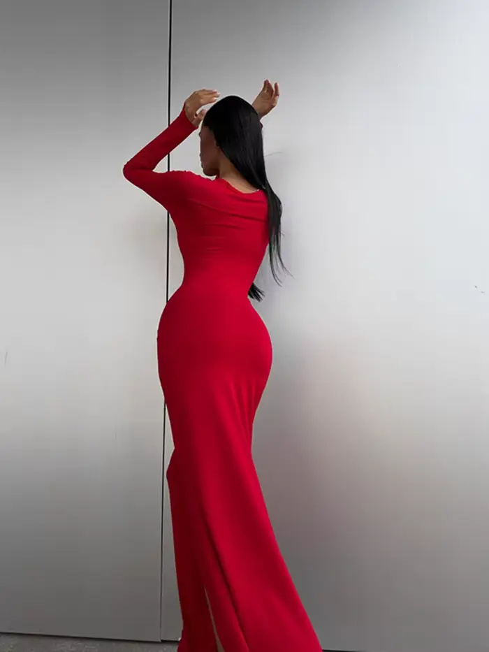 Robe de soirée glamour à manches longues col rond coupe gaine en polyester et coton pour femme style sexy club automne hiver