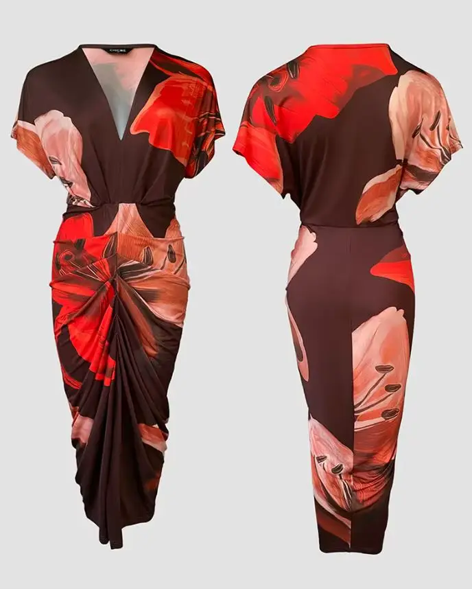 Robes pour femmes 2025 printemps été mode Placement florale imprimé col en v profond fente avant robe froncée coupe ajustée robe de vacances