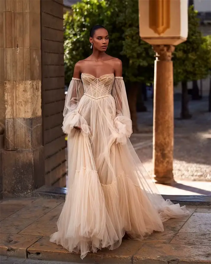 SSYTENS robes de mariée bohème élégantes personnalisées gonflées à manches longues Corset dos robe