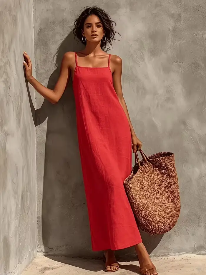 Nouvelle Robe Longue Droite Ample en Lin Français pour Femme, Col Carré Rouge Rétro, en Lin Texturé Sélectionné Anti-Humidité