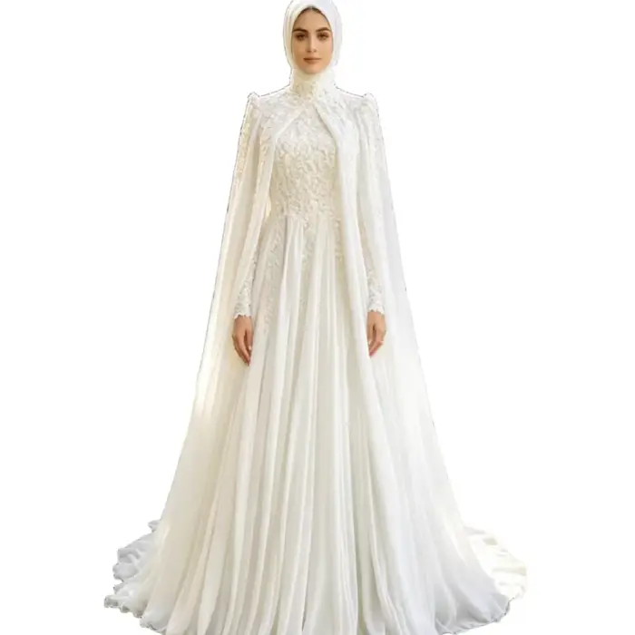 Robe de mariée musulmane kaftan marocain avec cape élégante col montant manches longues dentelle occassions spéciales femmes enceintes