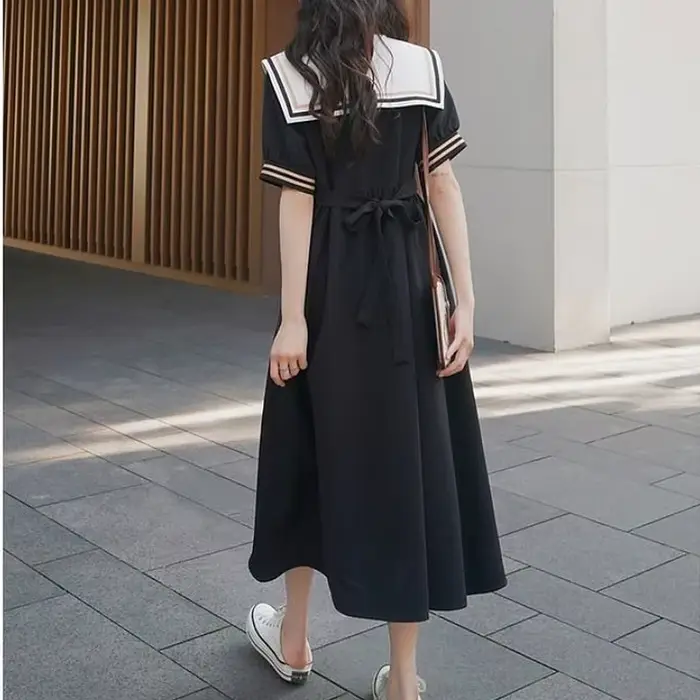 Robe d'été femmes col marin Maxi Preppy japon Style rétro Empire simple classique Design dames Chic pour diverses occasions