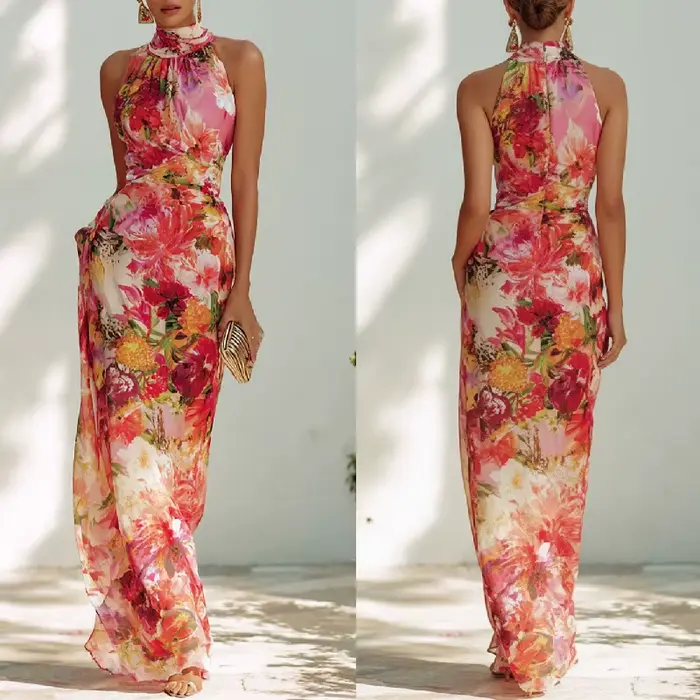 Robe d'été pour femme à imprimé floral rouge