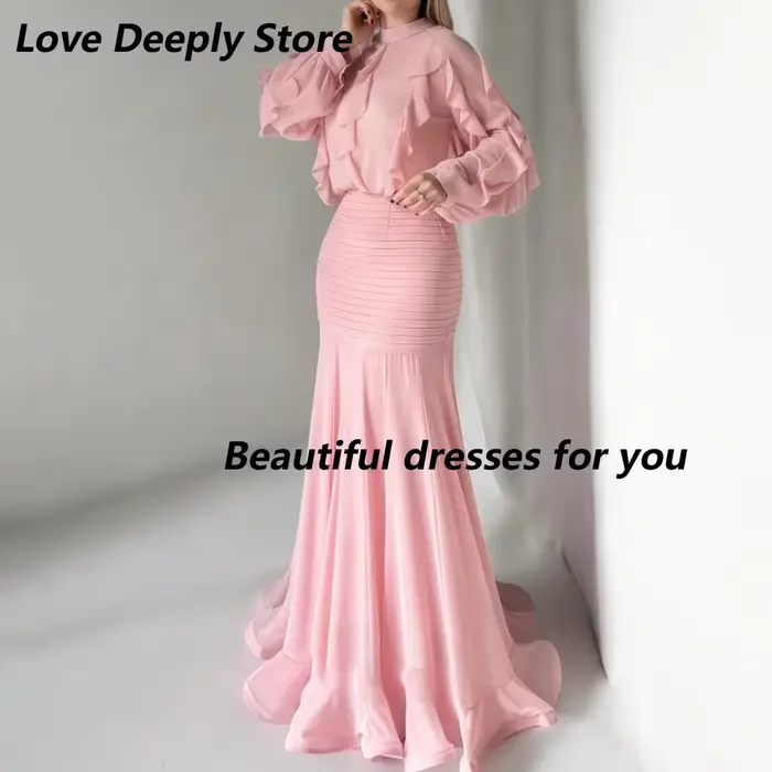 Robe de soirée rose personnalisée, élégante, col haut, manches longues, volants, plissée en mousseli