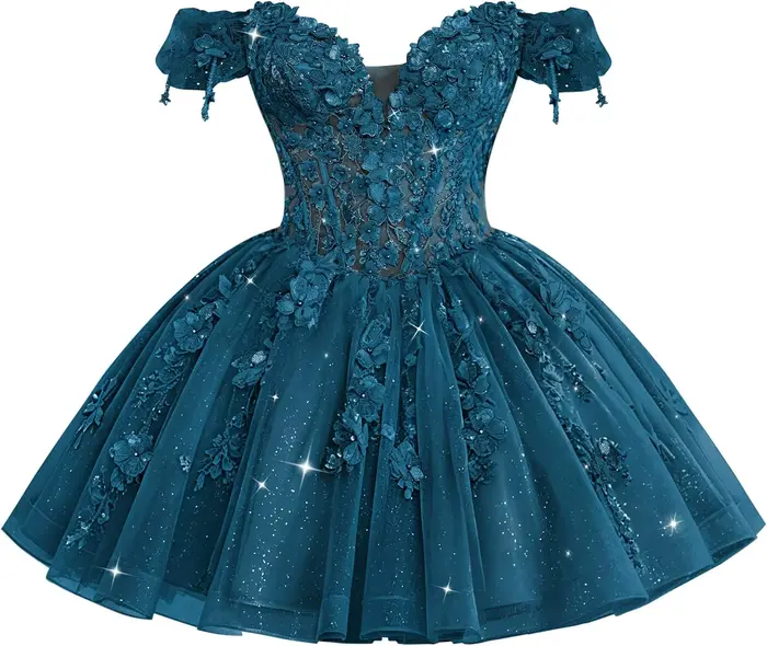 Robes de soirée courtes à fleurs 3D pour adolescentes, robes DAMA en tulle à épaules dénudées pour Q