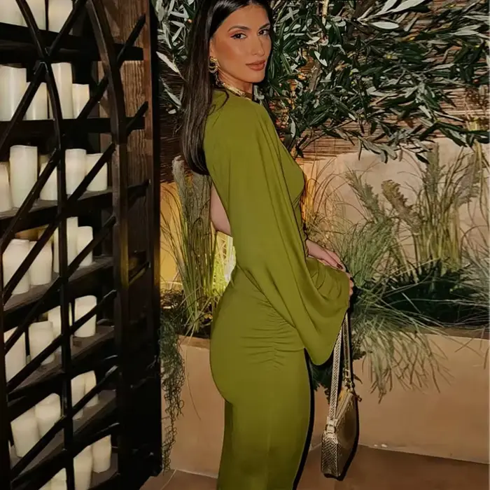 MUJER vert drapé robe longue femmes asymétrique découpé