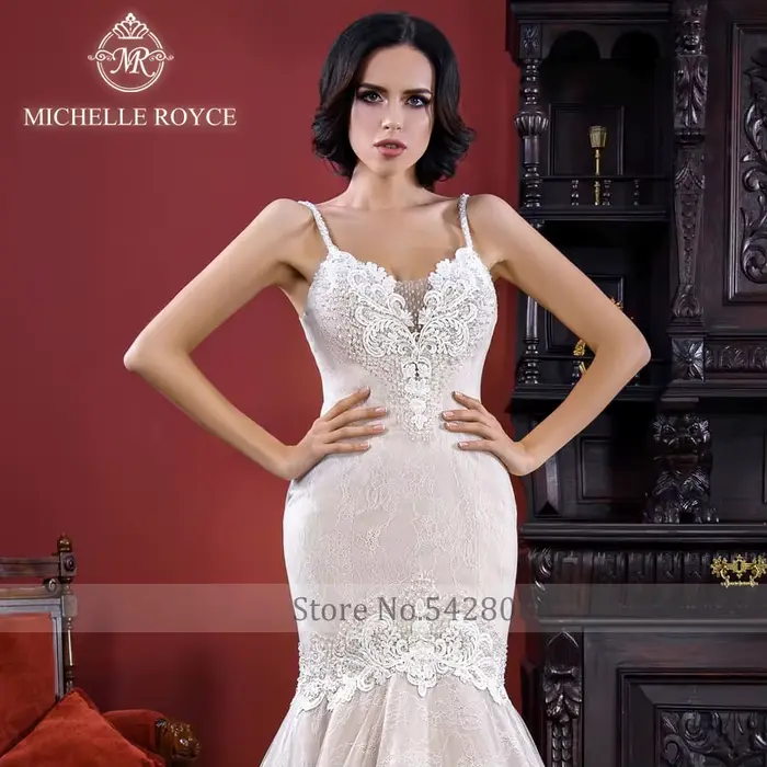 Michelle Royce sirène robes De mariée Sexy chérie bretelles Spaghetti Appliques fermeture éclair Court Train robe De mariée Vestido De Novia