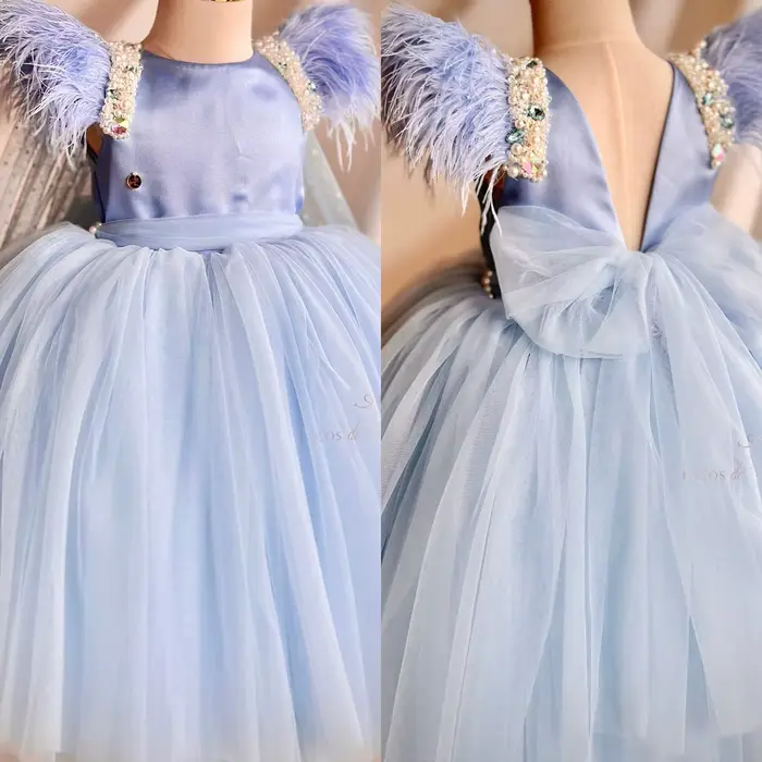 Robe de demoiselle d'honneur bleue avec cape, plume personnalisée, fête pour enfants, reconstitution