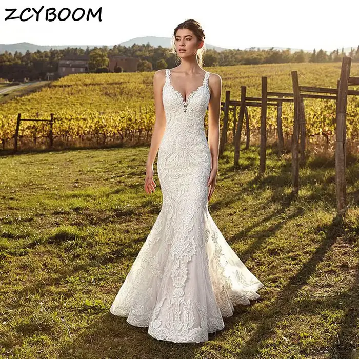 Robe de mariée sirène blanche/ivoire 2026, élégante, en dentelle, avec bretelles spaghetti et effet 