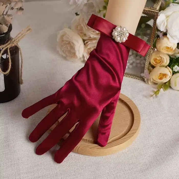 Robe de mariée élégante en Satin, gants courts rouges, rétro, nœud en perles, photographie pour femmes, étiquette de bal, accessoires de Performance