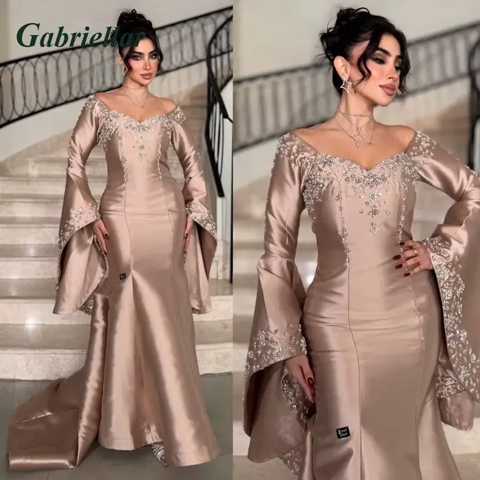 Gabriellar robes de bal à la mode pour femmes col en V manches longues évasées cristal Occasion spéc