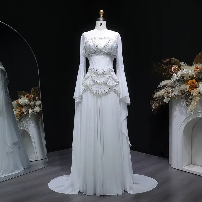 Robe de soirée élégante en mousseline de soie blanche avec doublure et veste, style exquis, perles et cristal, pour femmes de tous les âges, occasions formelles