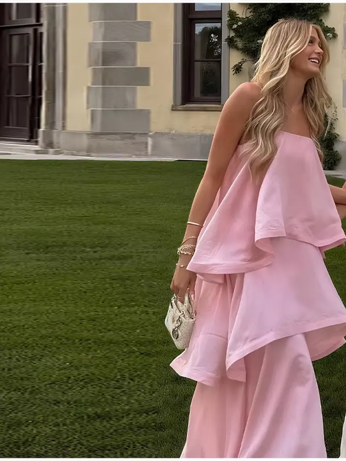 Chic rose doux couche ourlet licou robe sans manches une ligne fête Maxi Robes élégantes longues