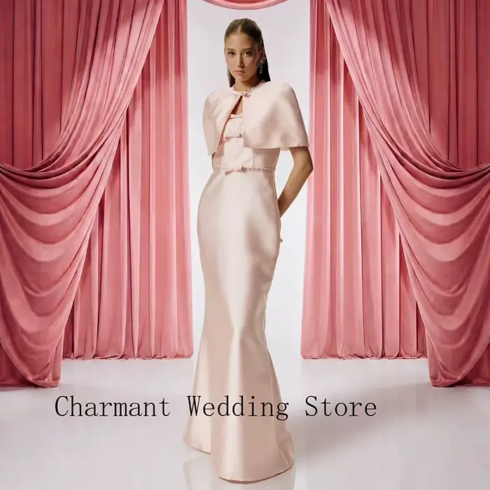 Robe de soirée formelle rose avec satin, nœuds en cristal et cape courte pour événements spéciaux et mariages
