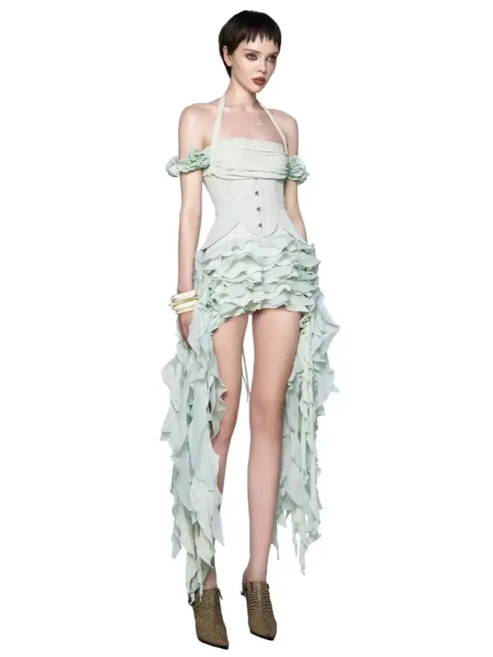 Robe drapée à volants pour femmes, ensemble trois pièces, sexy, collicou, pliable, haut Corset à lacets, short, costumes de fête, Cocktail occasions spéciales soirée événement formel