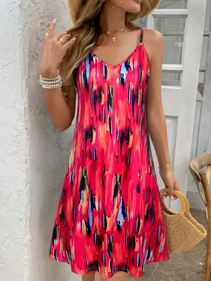 Robe d'été à col en V pour femmes style bohème fluide imprimée polyester sans manches pour vacances et sorties d'été