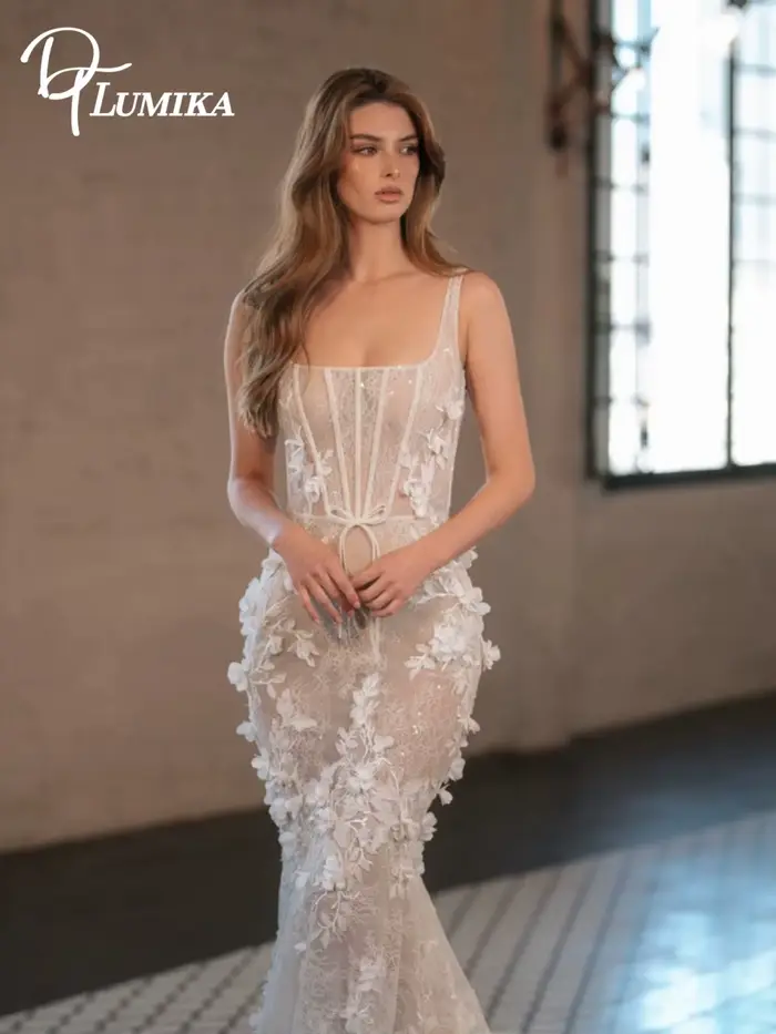 Robe de mariée sirène romantique en dentelle florale 3D 2026