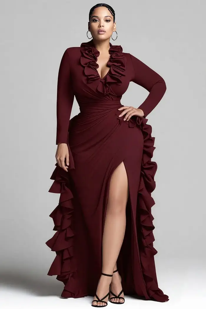 Grande taille formelle bordeaux col en V manches longues volants élégant fendu robes Maxi