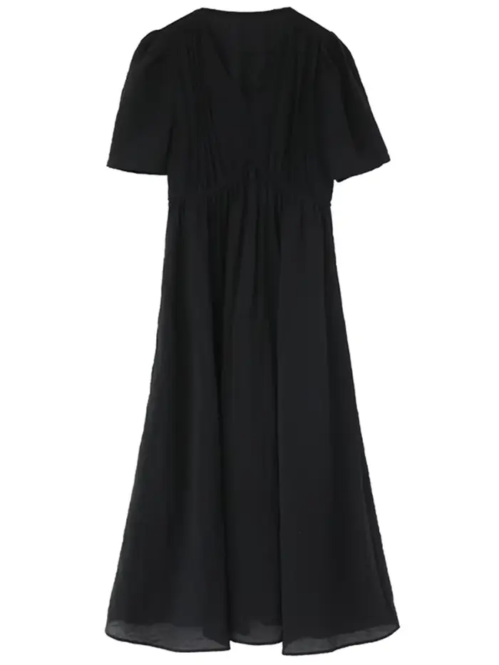 Robe décontractée en viscose et nylon Chic Ven pour femmes, col en V, manches courtes bouffantes, silhouette en ligne, idéale pour l'été et les occasions spéciales