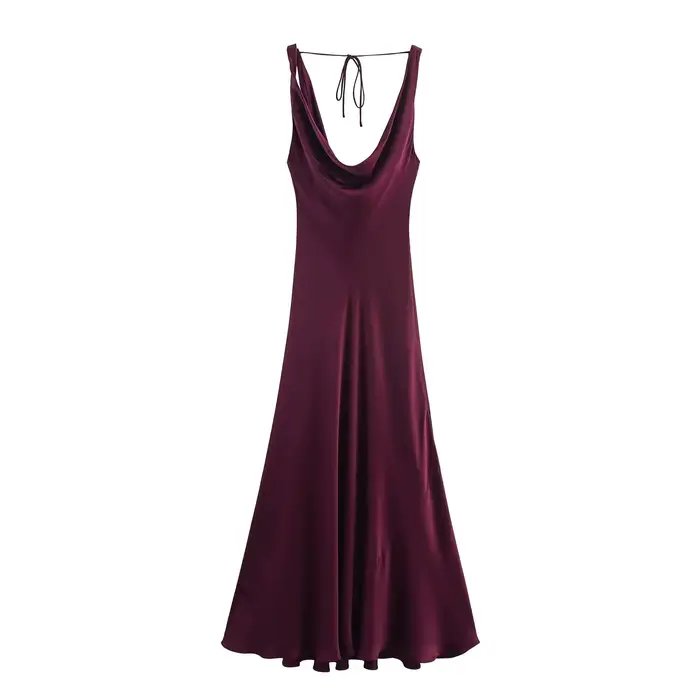 HH femmes solide vacances Style Satin Texture dos nu col en v robe mi-longue été femme élégante Sexy