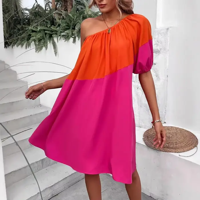 Robe midi décontractée et confortable à manches courtes et blocs de couleur
