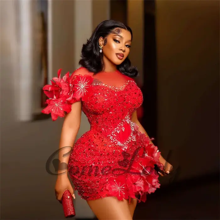 Robe de cocktail chic Comelody à col rond avec strass et fleurs 3D en tulle pour jeunes filles