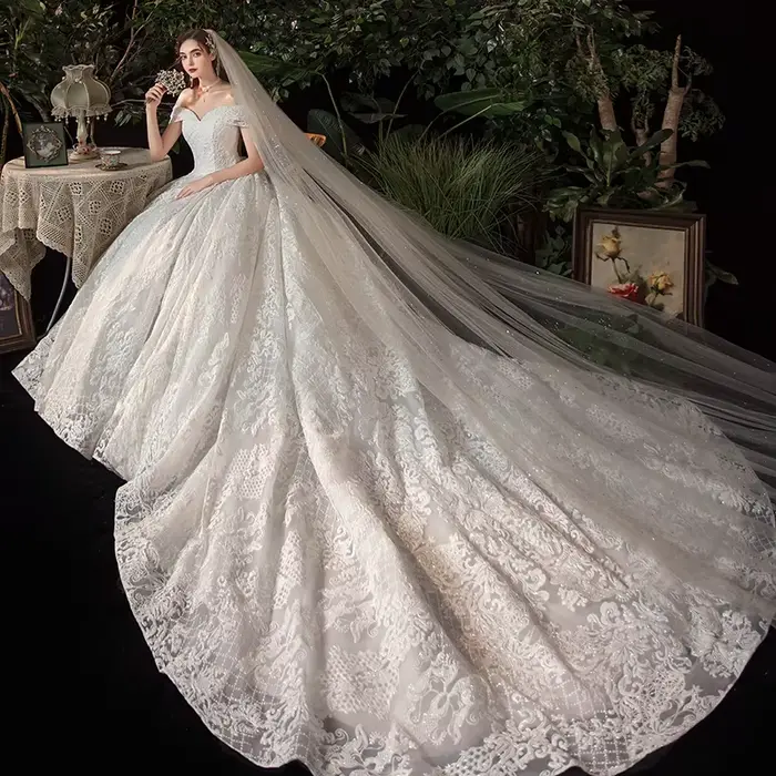Robe de Mariée Élégante en Dentelle avec Traîne Col Bateau Luxe Occasions Spéciales Blanc Ivoire Taille Personnalisable