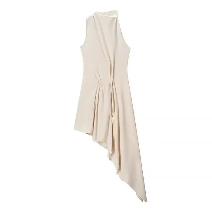 Robe en maille asymétrique gris beige coupe ajustée style urbain taille haute mi-longue évasée sans