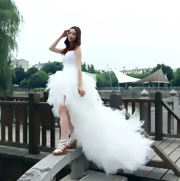 Robe de mariée Eleant plume bretelles à lacets princesse luxe avant court dos longues robes