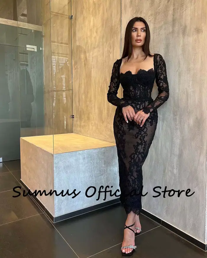 Robe de soirée sirène en dentelle noire, manches longues, corset, sans bretelles, robes de Rh, longueur rinçage, robe personnalisée, 123