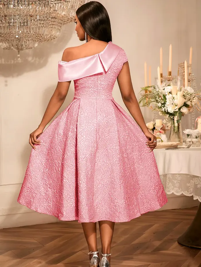 Robe élégante en Jacquard pour femmes, asymétrique épaule dénudée, col diagonale, manches courtes, ligne A, anniversaire, mariage, invité, bureau, dame chic