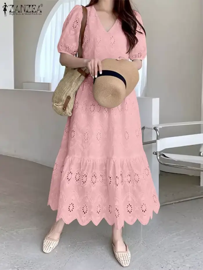 Robe ZANZEA en coton ample décontractée col en V manches bouffantes pour femmes occasions spéciales été